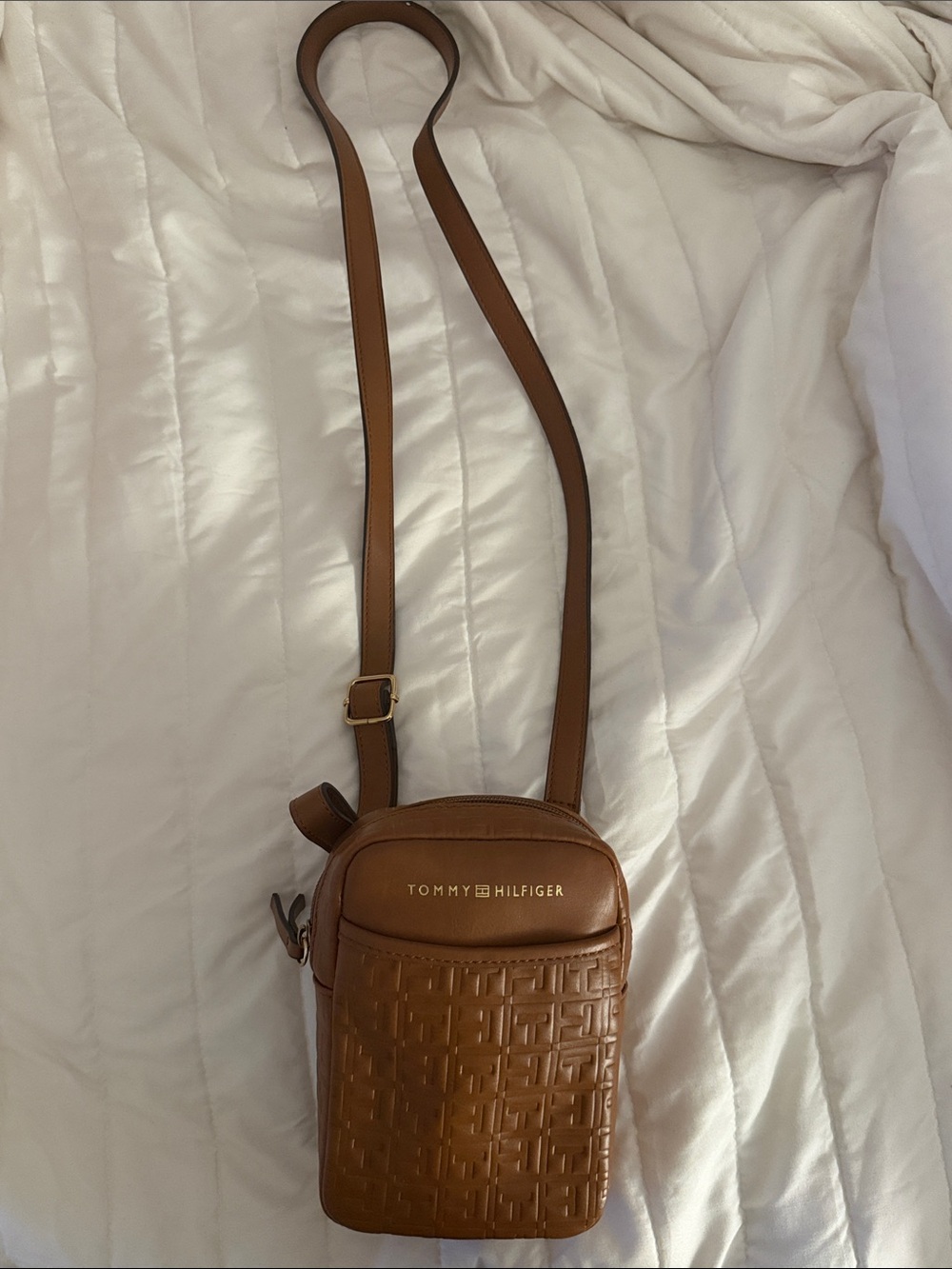 Tommy Hilfiger Tan Embossed Leather Messenger Crossbody
